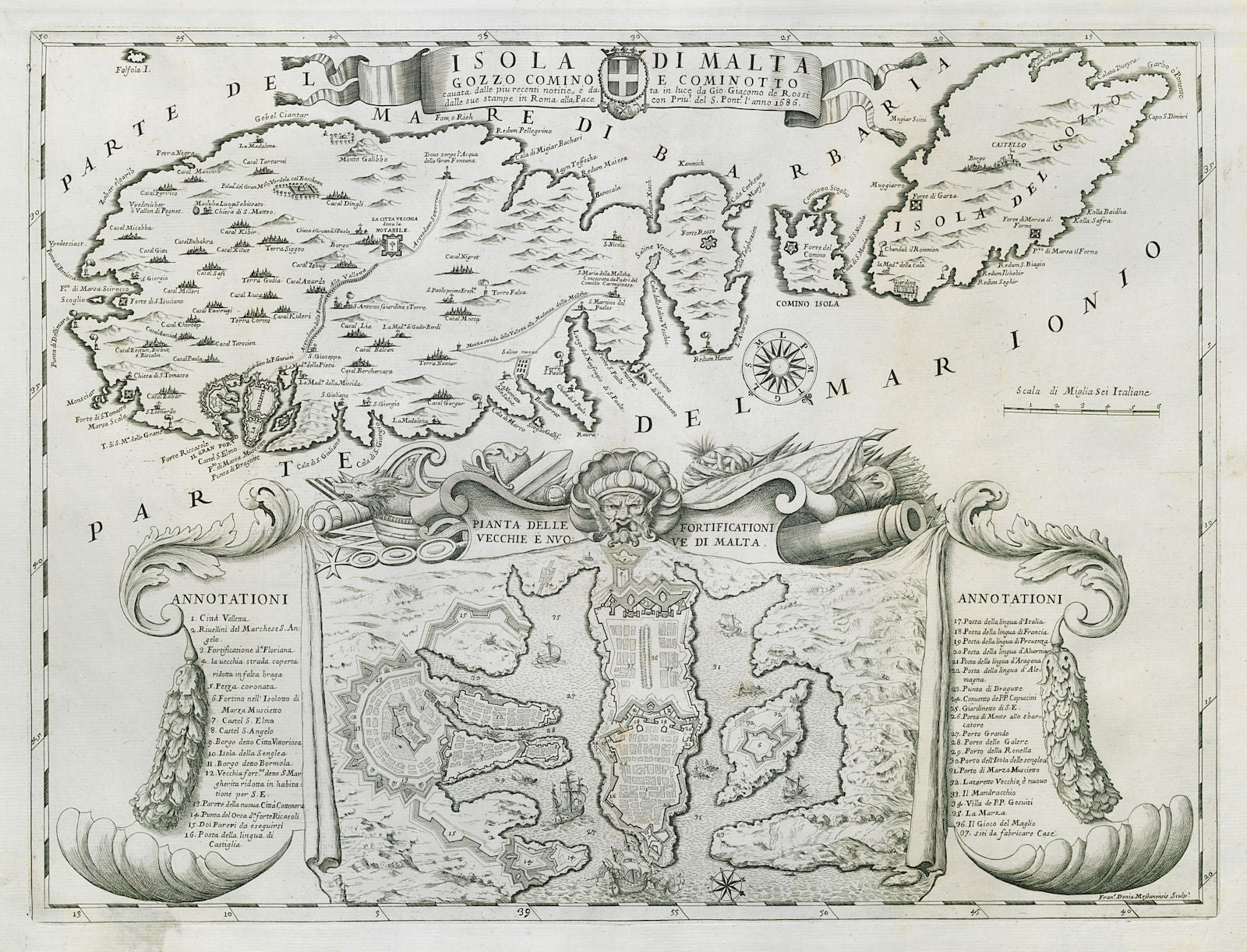 Isola di Malta, Gozo, Comino e Cominotto. DE ROSSI 1686 old antique map chart